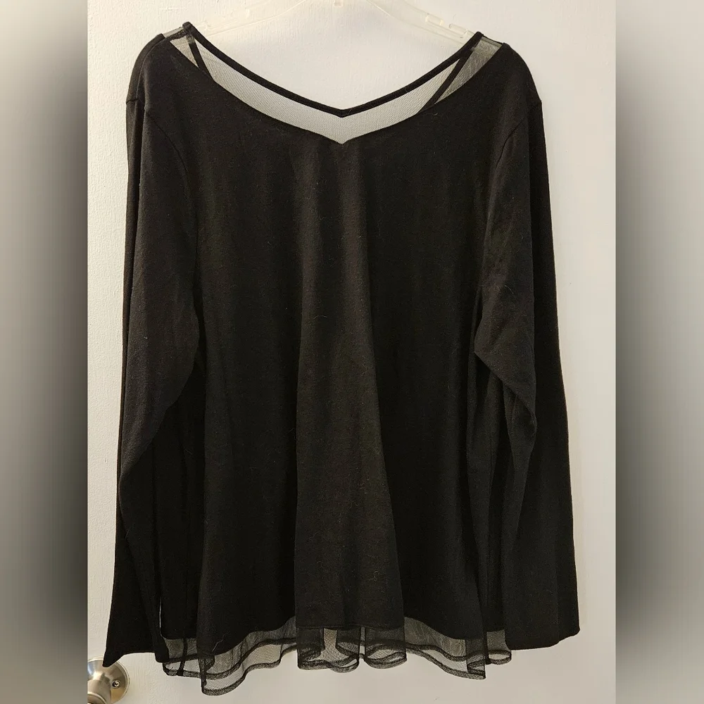 Lane Bryant Sheer Trim Black Long Sleeve Top - Picture 2 of 5
